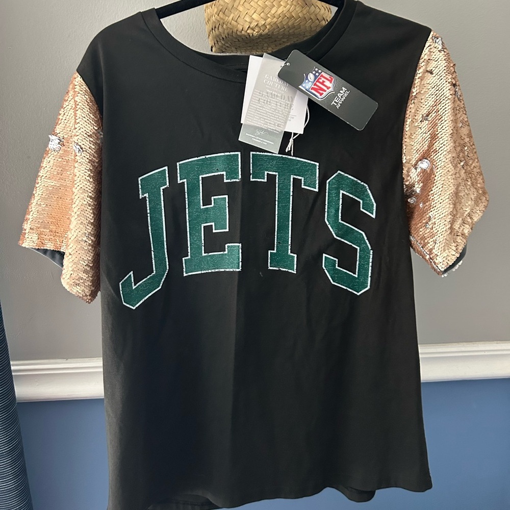 NWT New York Jets NFL Gameday Couture Black T-Shirt with Sequin Sleeves small - Picture 2 of 5